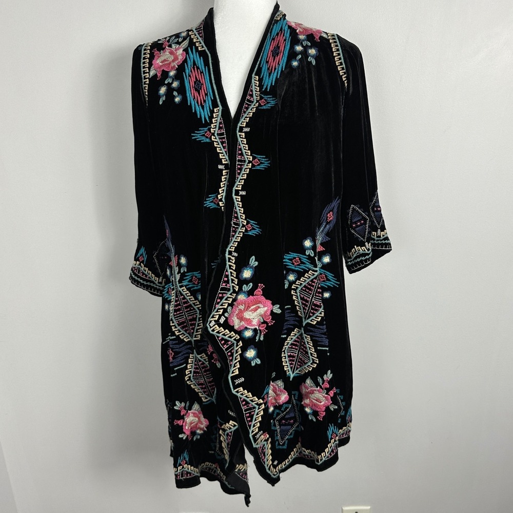 Johnny Was Silk Velvet Burnout Duster Kimono Sweater Jacket Boho Embroidery Sz S